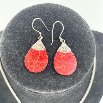 STERLING SILVER & RED CORAL NECKLACE & EARRING SET