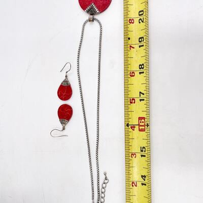 STERLING SILVER & RED CORAL NECKLACE & EARRING SET
