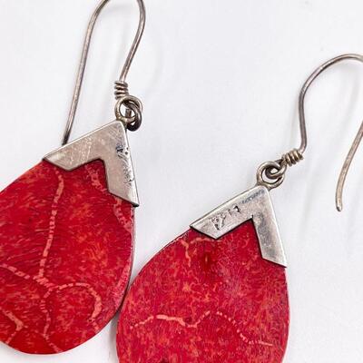 STERLING SILVER & RED CORAL NECKLACE & EARRING SET
