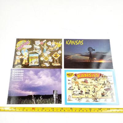 VINTAGE KANSAS POSTCARD BUNDLE AND KANSAS WHEAT AND WINDMILL METAL SCULPTURE
