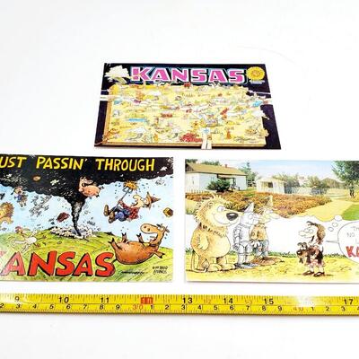 VINTAGE KANSAS POSTCARD BUNDLE AND KANSAS WHEAT AND WINDMILL METAL SCULPTURE