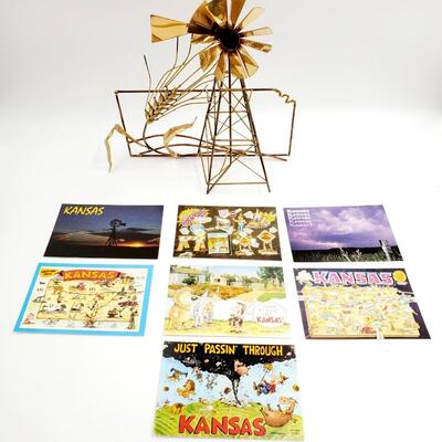 VINTAGE KANSAS POSTCARD BUNDLE AND KANSAS WHEAT AND WINDMILL METAL SCULPTURE