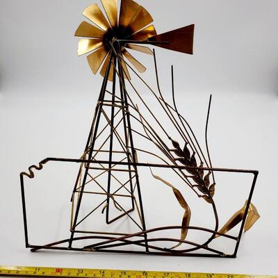 VINTAGE KANSAS POSTCARD BUNDLE AND KANSAS WHEAT AND WINDMILL METAL SCULPTURE