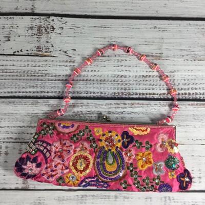 Bright pink beaded floral purse handbag clutch