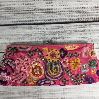 Bright pink beaded floral purse handbag clutch