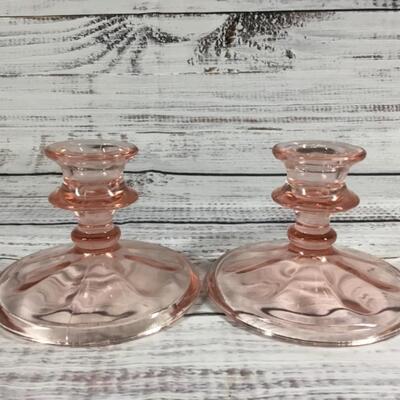 Set of 2 Vintage Pink Depression Glass Candle Holders 
