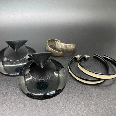 Set of 3 Retro 1980s Black Silver Enamel Metal Earrings