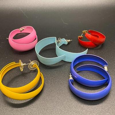 5 Pairs of Enamel Metal Hoop Earrings 1980s Retro Various Size