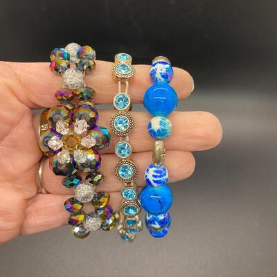 Shades of Blue Beaded Rhinestone Stretch Bracelets Set of 3