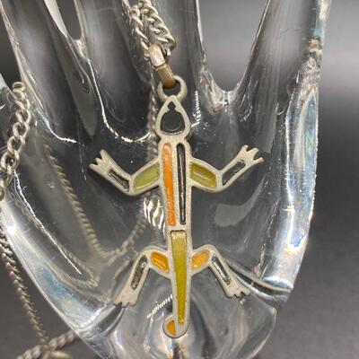 Pewter & Enamel Lizard Reptile Pendant Necklace