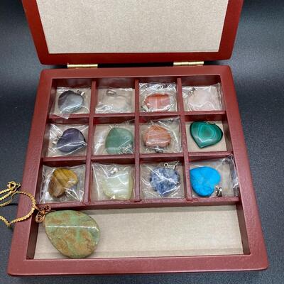 Polished Stone Heart Pendant Collection with Case