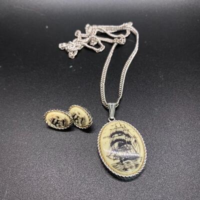 Vintage Sarah Coventry Sailing Ship Pendant Necklace with Matching Earrings