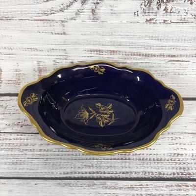 German blue and gold Floral dish Scalloped Oval Bowl Unterweissbach Kobalt