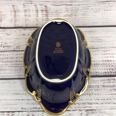 German blue and gold Floral dish Scalloped Oval Bowl Unterweissbach Kobalt