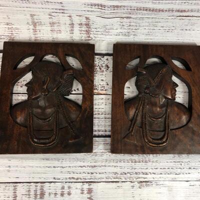 Man and woman Native Indian heads carved wood busts pair