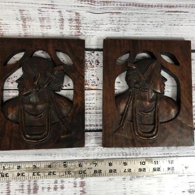 Man and woman Native Indian heads carved wood busts pair
