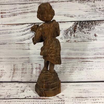 Boy and lamb wood carved figurine