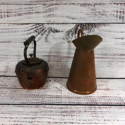 Copper Metal tea pot and jug pitcher pair