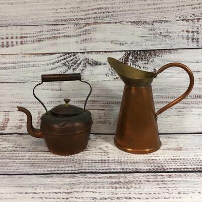 Copper Metal tea pot and jug pitcher pair