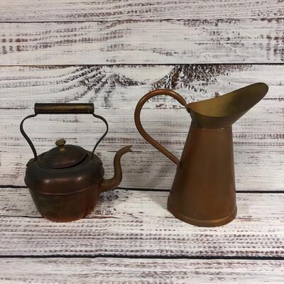 Copper Metal tea pot and jug pitcher pair