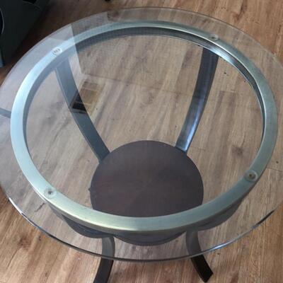 3 vintage glass and wood tables 