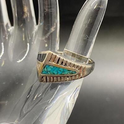 Vintage Southwestern Style Silvertone Turquoise Black Enamel Ring