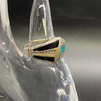 Vintage Southwestern Style Silvertone Turquoise Black Enamel Ring