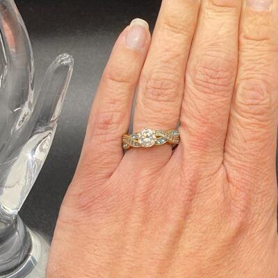 Goldtone Twisted Clear & Blue CZ Ring