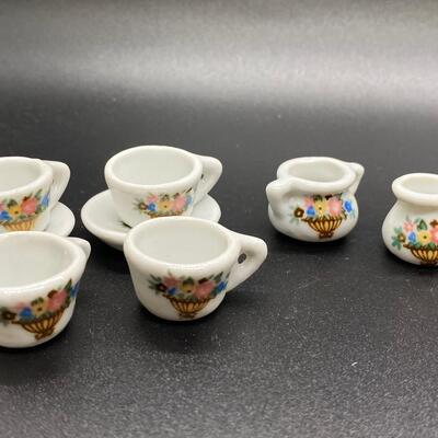 Miniature Porcelain Floral Tea Cups, Saucers, Sugar Bowl, Pitcher