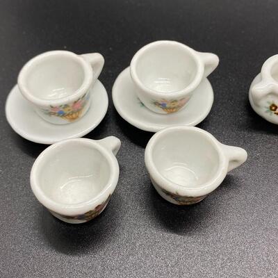 Miniature Porcelain Floral Tea Cups, Saucers, Sugar Bowl, Pitcher