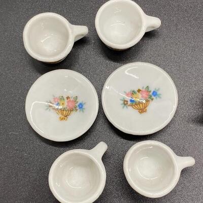 Miniature Porcelain Floral Tea Cups, Saucers, Sugar Bowl, Pitcher