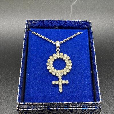Vintage Rhinestone Venus Symbol Pendant Charm Necklace