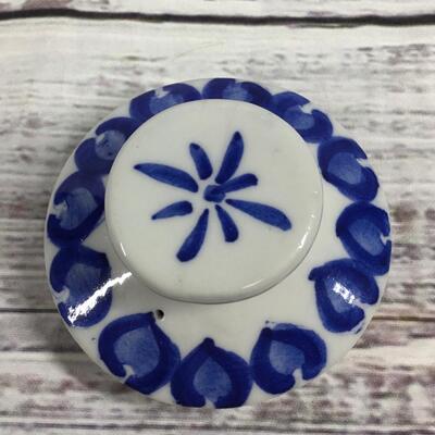 White and Blue Patterned Vintage Lidded Melon Ginger Jar