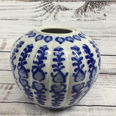 White and Blue Patterned Vintage Lidded Melon Ginger Jar