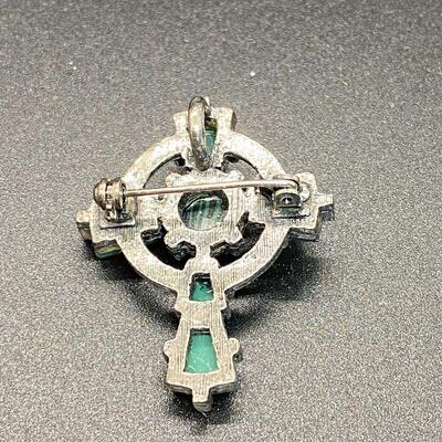 Vintage Black & Green Striped Glass Cross Pendant Brooch Pin
