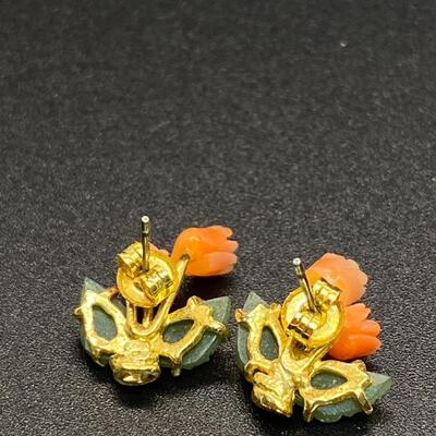 Goldtone Coral & Jade Floral Earrings