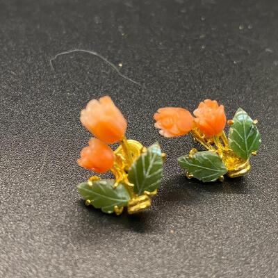 Goldtone Coral & Jade Floral Earrings