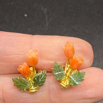 Goldtone Coral & Jade Floral Earrings