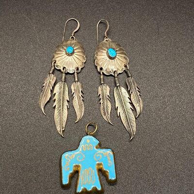 Sterling Silver Turquoise Southwestern Medallion Feather Earrings & Ceramic Bird Pendant