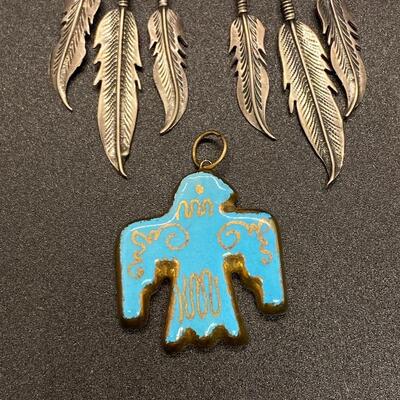 Sterling Silver Turquoise Southwestern Medallion Feather Earrings & Ceramic Bird Pendant