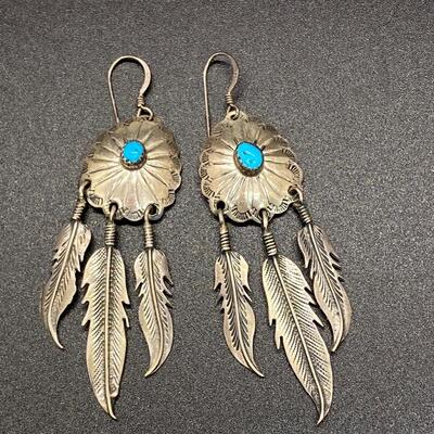 Sterling Silver Turquoise Southwestern Medallion Feather Earrings & Ceramic Bird Pendant