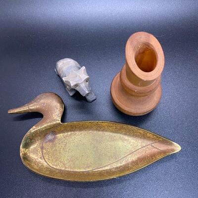 Brass Duck Change Holder Stone Bear Figurine and Wood Bud Vase