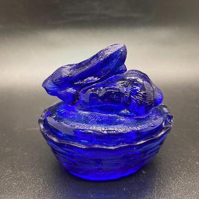 Miniature Rabbit on a Basket Glass Trinket Dish