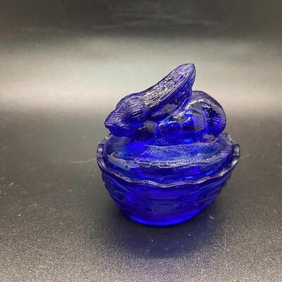 Miniature Rabbit on a Basket Glass Trinket Dish