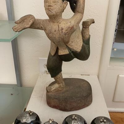 Wooden Asian Figure and laquered boxes