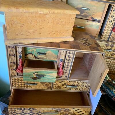Jewelry boxes, carved lamp and more