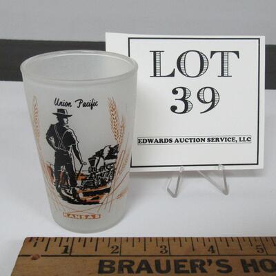 Vintage Small Union Pacific Railroad Frosted Glass Tumber, Kansas