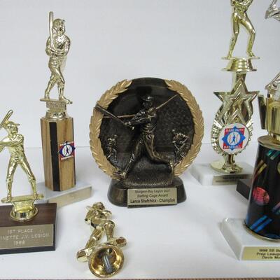 Box of Misc Trophies For Baseball/Softball
