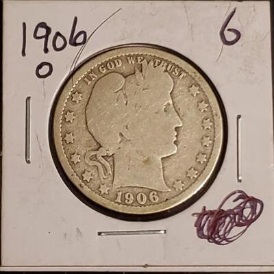 1906 0 barber  silver quater 