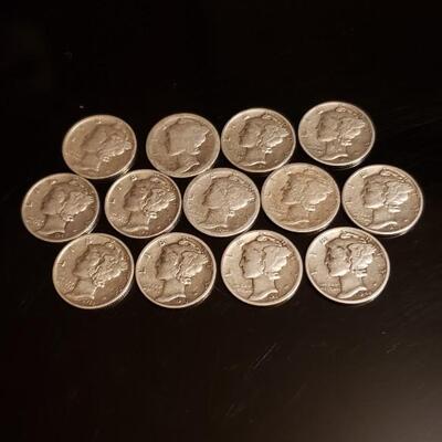 13 various date mercury silver dimes 